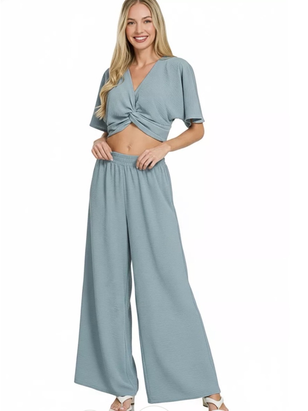 Zenana Woven Airflow Twist Top & Wide Leg Pants Set